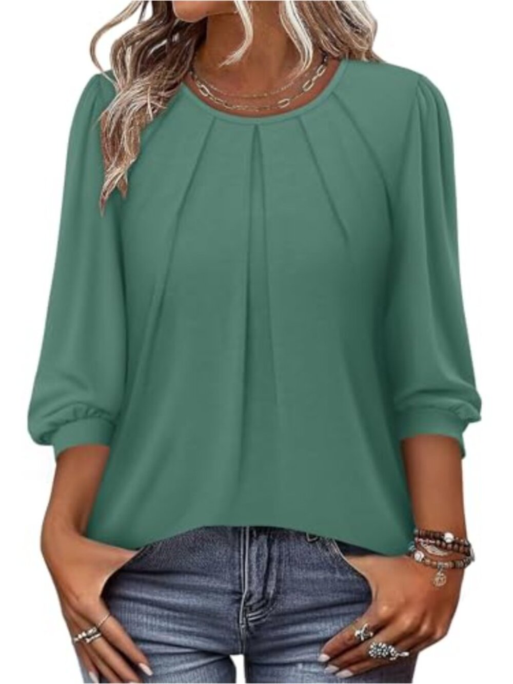 Women's 3/4 Puff Sleeve Pleated Crewneck Tunic Blouse Loose Fit Casual Top